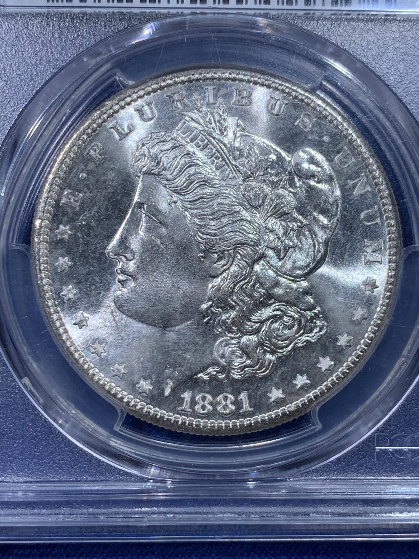 《竞宝斋》第434场 周日，周一2场连拍 （全场包邮） PCGS MS65 美国 1881年 摩根一美元 大银币 转光不错 细节见图