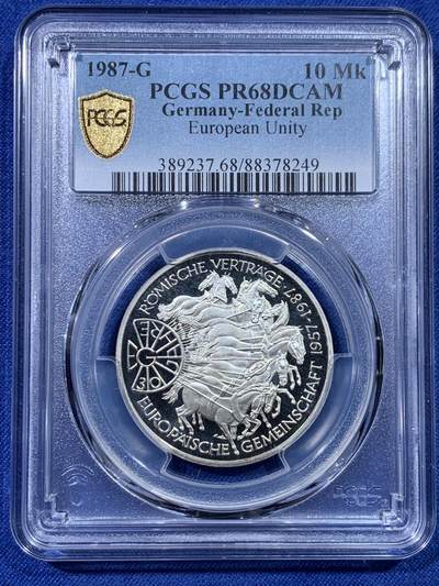 《竞宝斋》第434场 周日，周一2场连拍 （全场包邮） - PCGS PR68DCAM 1987年德国精制10马克纪念银币 超高分 镜面效果非常棒