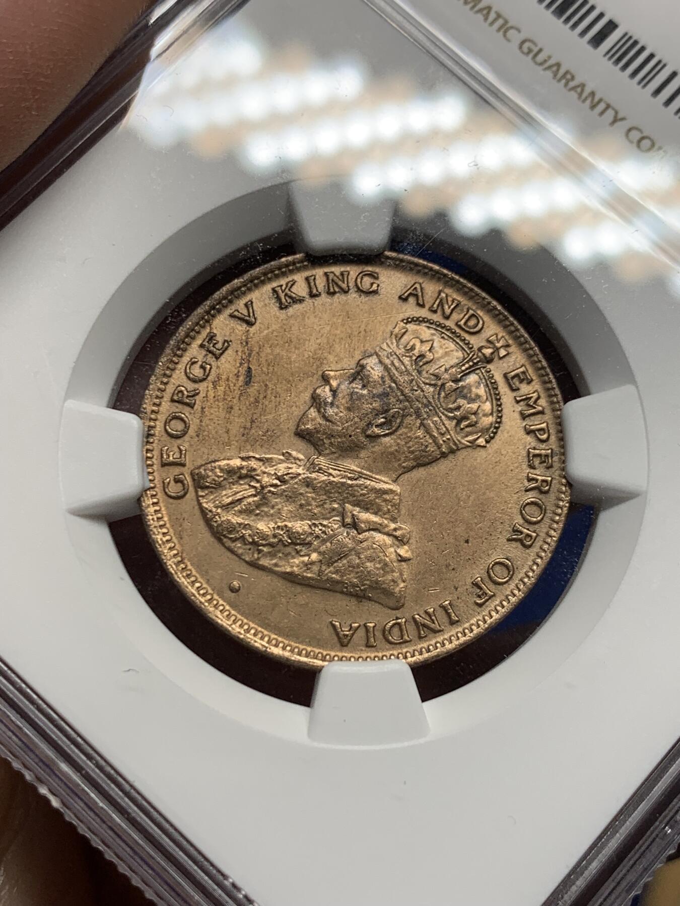 《竞宝斋》第434场 周日，周一2场连拍 （全场包邮） NGC UNCD 香港 1919H年 乔五 一仙 铜币 带原光 未使用 人像清晰 收藏佳品