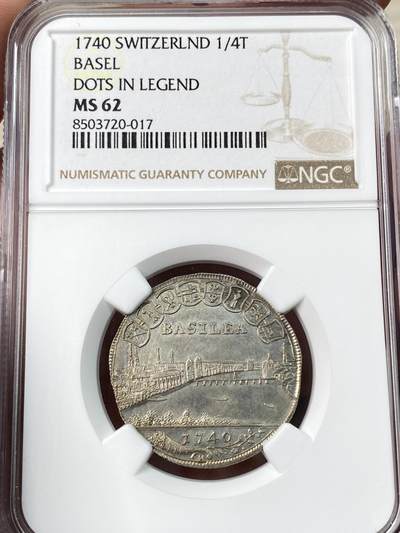 万国钱币拍卖第054期 - NGC MS62 1740瑞士巴塞尔景观1/4泰勒 经典瑞士景观品种 五彩全深打 巴塞尔怪兽巴西利斯克身上的鳞片粒粒可数 城市细节一览无余 顶级状态