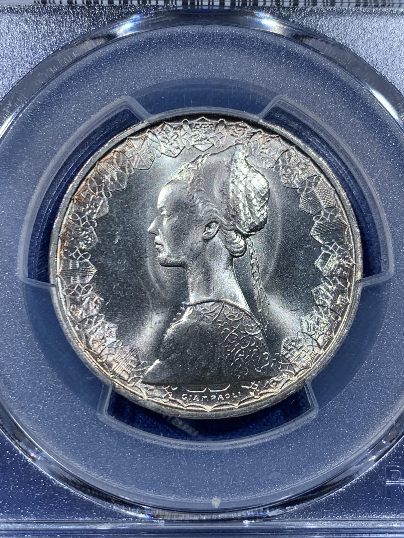 《竞宝斋》第434场 周日，周一2场连拍 （全场包邮） PCGS MS65 意大利1967年人妻帆船500里拉银币