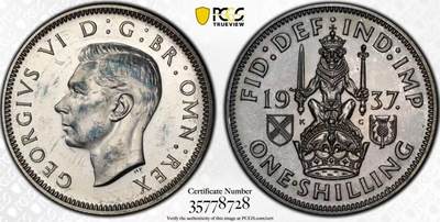 《竞宝斋》第434场 周日，周一2场连拍 （全场包邮） - PCGS PR65英国1937年乔治六世精制镜面1先令英格兰坐狮，正反面黑白包浆非常好看，盒子支撑有点小磕