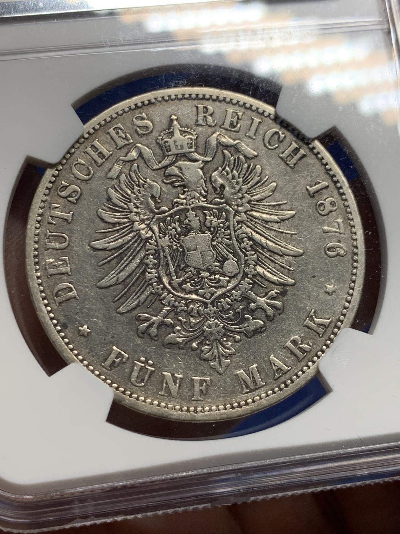 《竞宝斋》第434场 周日，周一2场连拍 （全场包邮） NGC VF30 德国 普鲁士 1876年 威廉一世 5马克银币