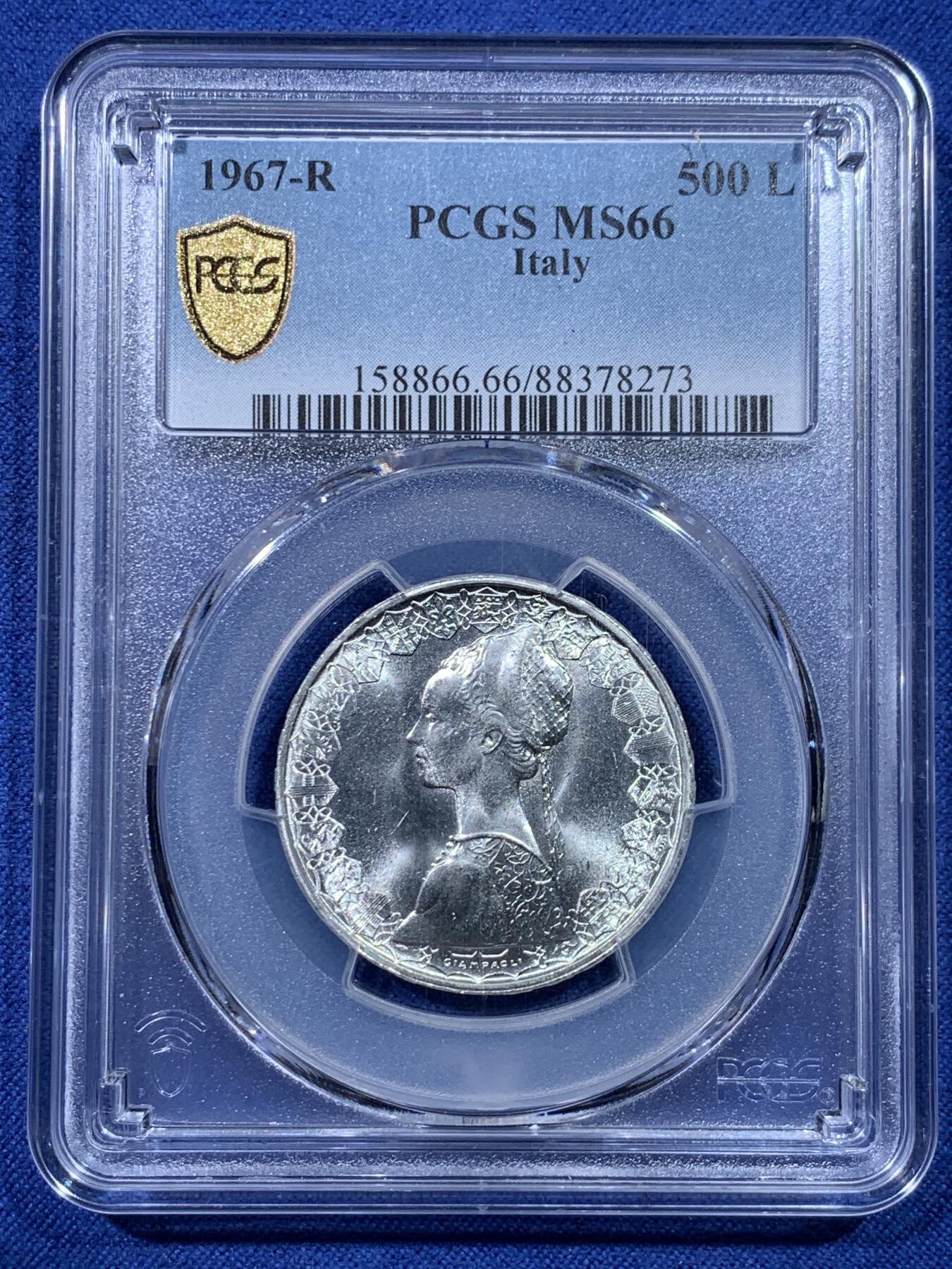 《竞宝斋》第434场 周日，周一2场连拍 （全场包邮） PCGS MS66 意大利1967年500里拉银币 哥伦布文艺复兴少女 卷拆原光