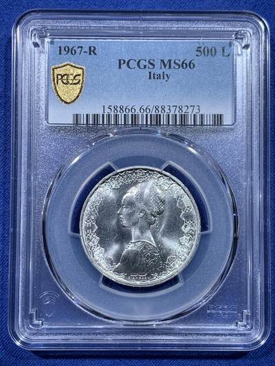 《竞宝斋》第434场 周日，周一2场连拍 （全场包邮） - PCGS MS66 意大利1967年500里拉银币 哥伦布文艺复兴少女 卷拆原光