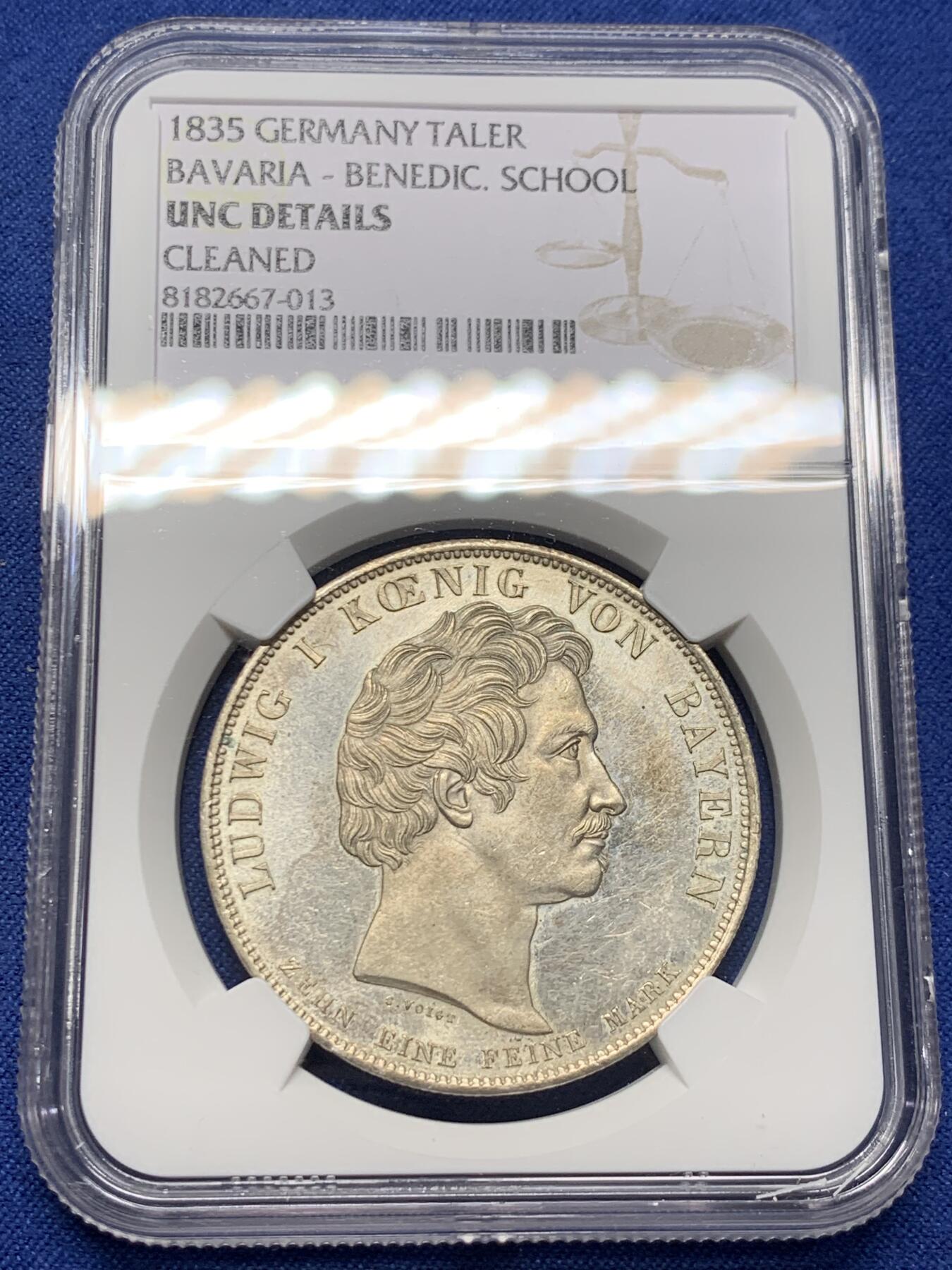 《竞宝斋》第434场 周日，周一2场连拍 （全场包邮） NGC UNC 德国 1835 巴伐利亚 本笃会学校纪念泰勒大银币 发丝清晰 底板也不错 值得入手的状态