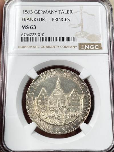 万国钱币拍卖第054期 - NGC MS63 1863年德国法兰克福王子议会泰勒 全深打淡彩十字转光 极其难得的收藏级状态