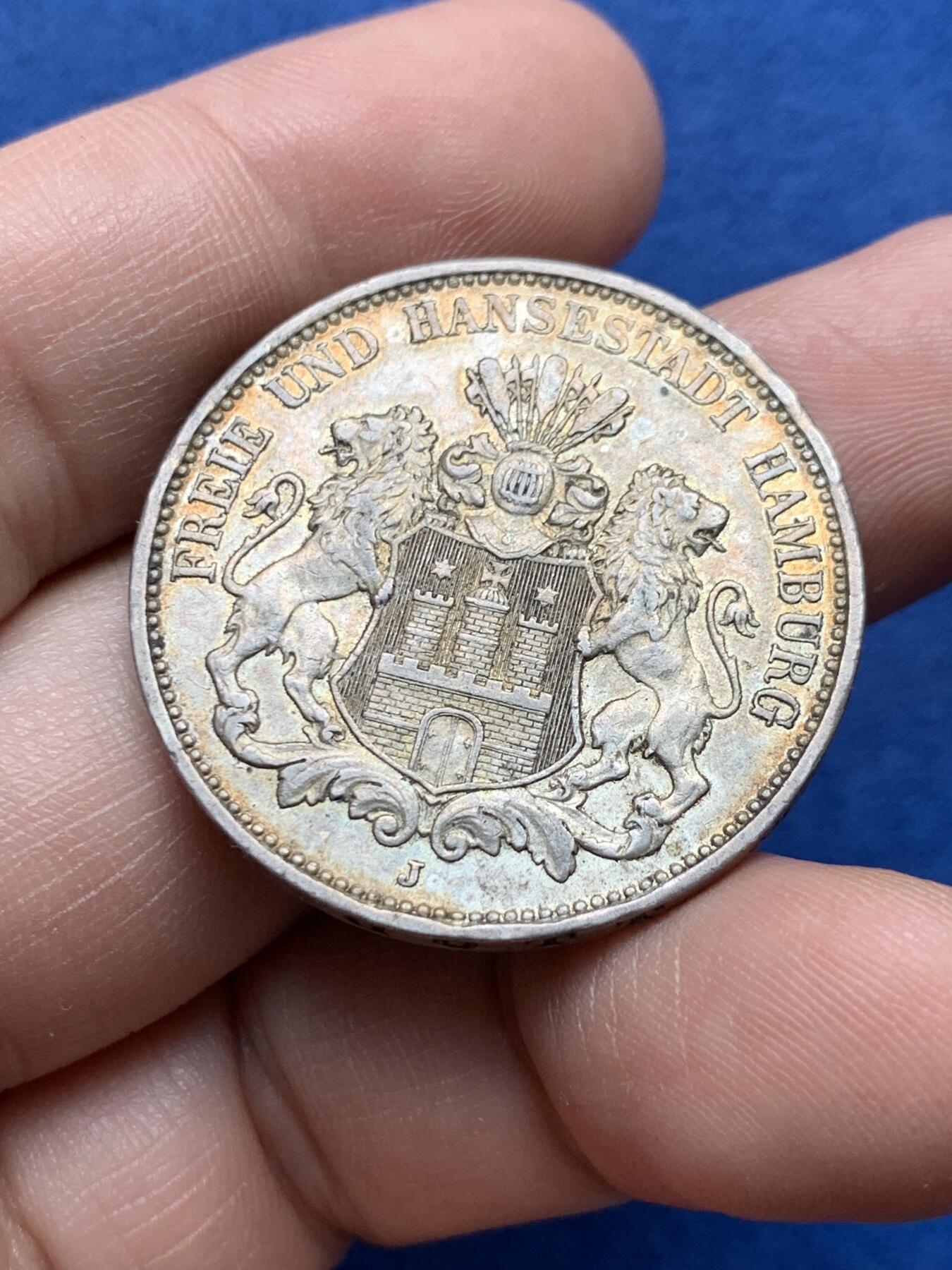 《竞宝斋》第434场 周日，周一2场连拍 （全场包邮） 德国 1911年 汉堡双狮 3马克银币