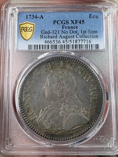 万国钱币拍卖第054期 - PCGS XF45 1734法国路易十五埃居大银 巴黎厂铸造 打制周正 欧陆五彩 极其舒适的状态 Richard August名家旧藏