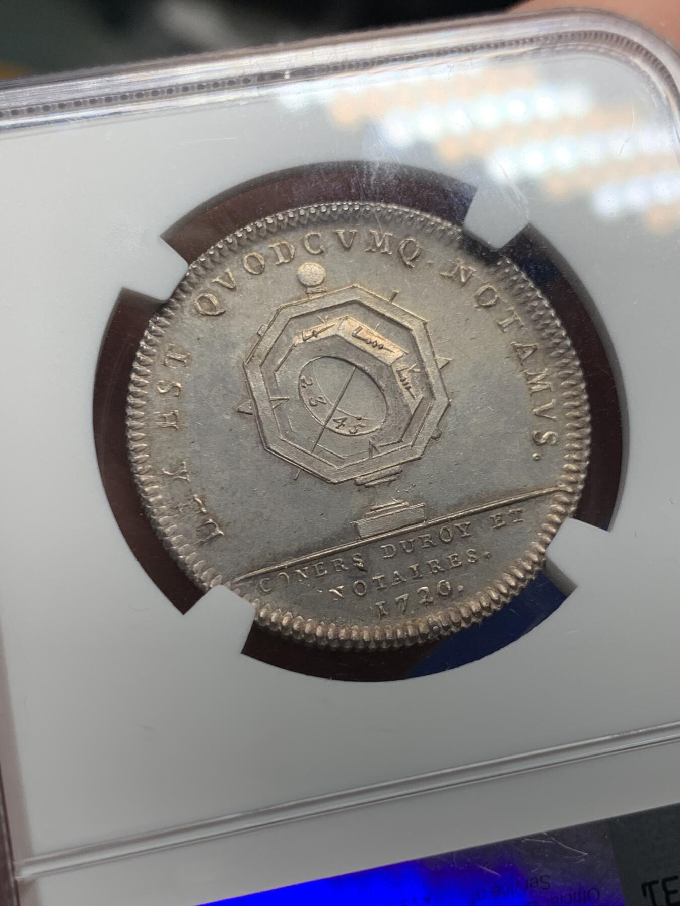 《竞宝斋》第434场 周日，周一2场连拍 （全场包邮） NGC MS64 法国路易十五银质代币 巴黎公证人，手指标，罕见高分