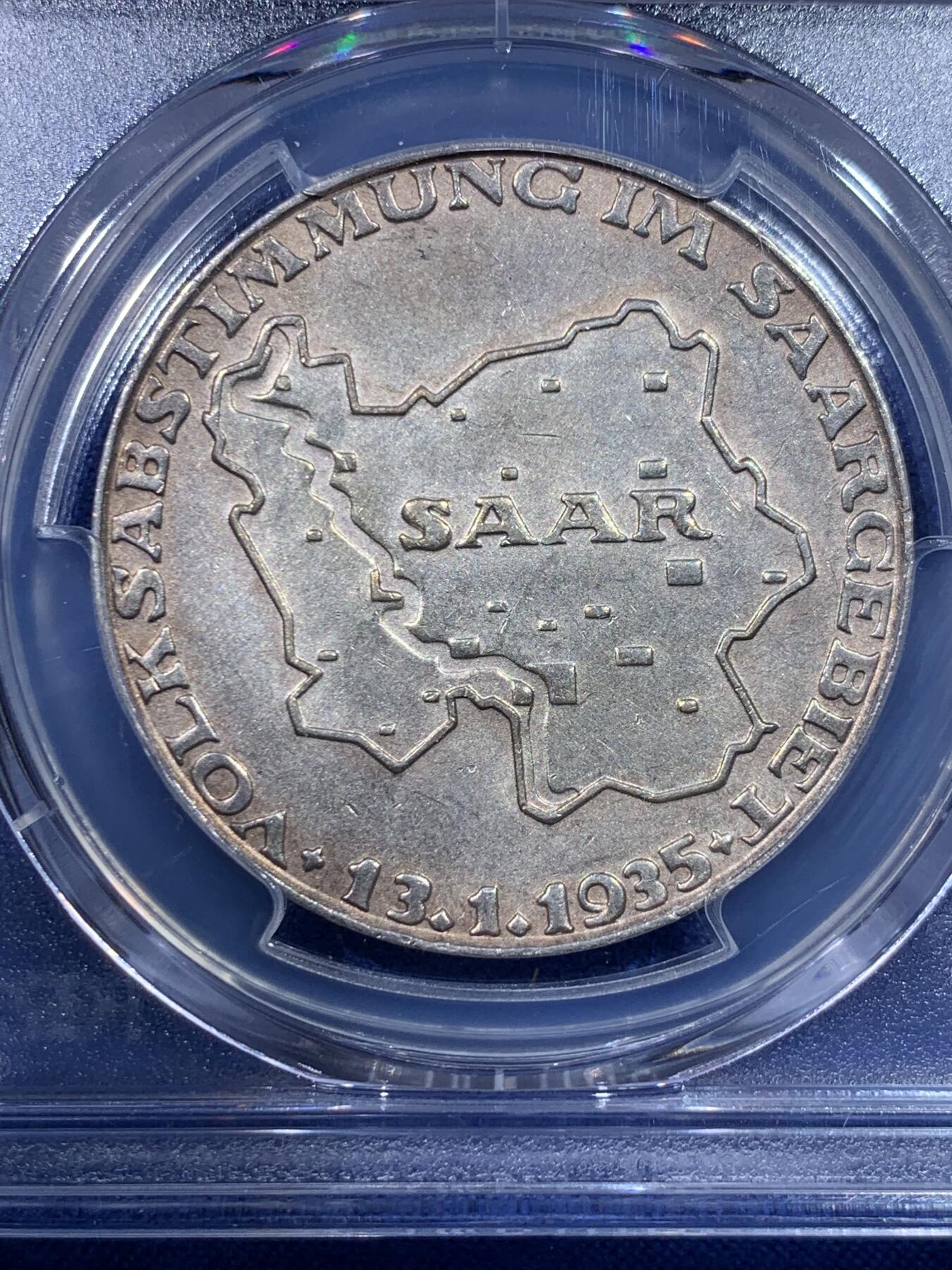 《竞宝斋》第434场 周日，周一2场连拍 （全场包邮） PCGS SP62 德国 1935年 萨尔区回归纪念银章