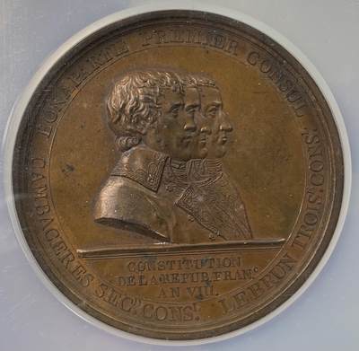 万国钱币拍卖第054期 - NGC MS63 1800年法国第一共和国拿破仑三领事纪念塞纳河纪念柱大铜章 拿破仑·波拿巴担任首席领事，让-雅克·雷吉斯·德·坎巴塞雷斯担任第二任领事，查尔斯·弗朗索瓦·勒布伦担任第三任领事 少见品种 60MM 95.86大规格