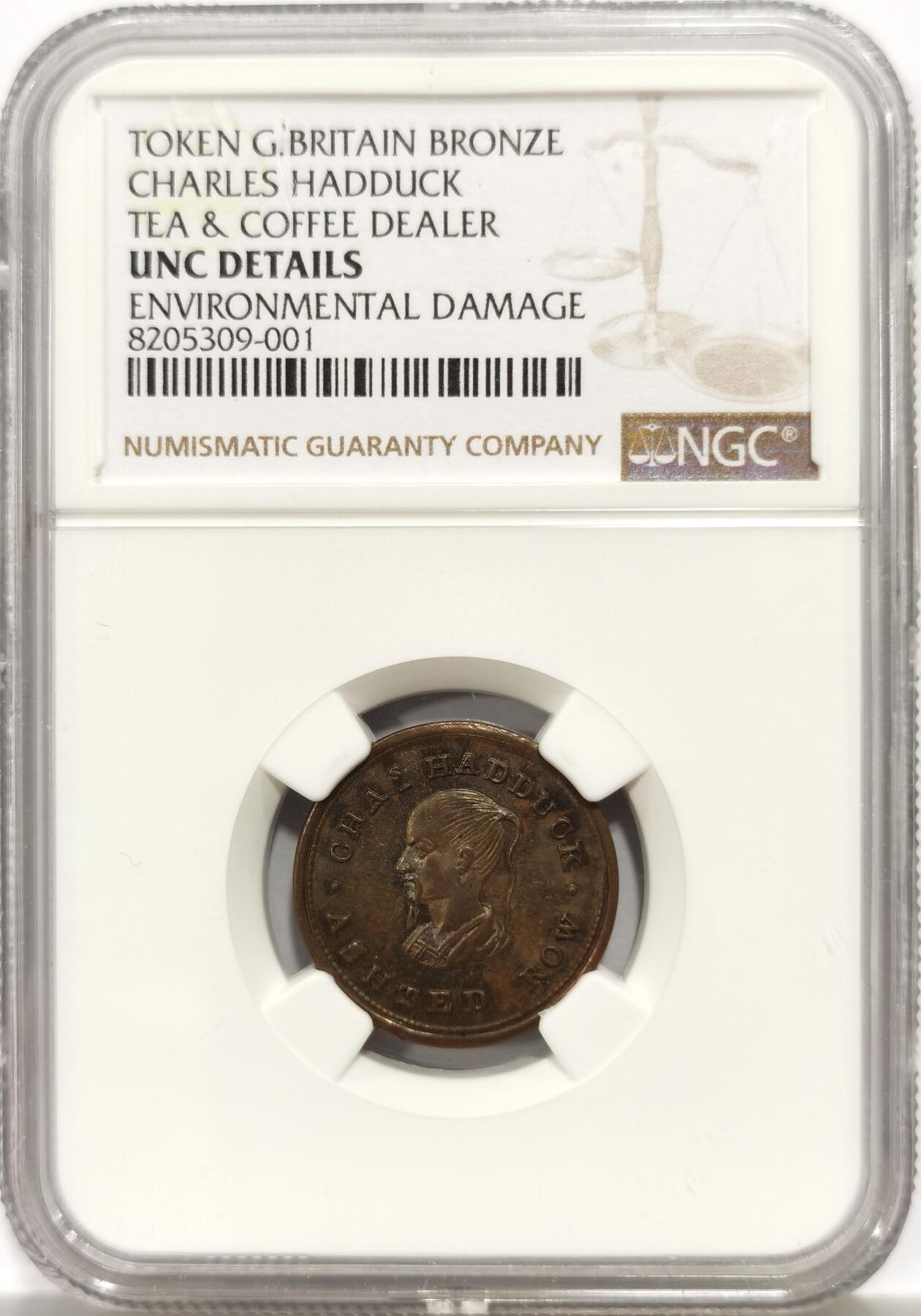 博洋堂“物美丰成”11月精品专场暨第145期（全场包邮） NGC UNC 英国19世纪Charles Haddock茶叶和咖啡经销商铜质代用币TOKEN