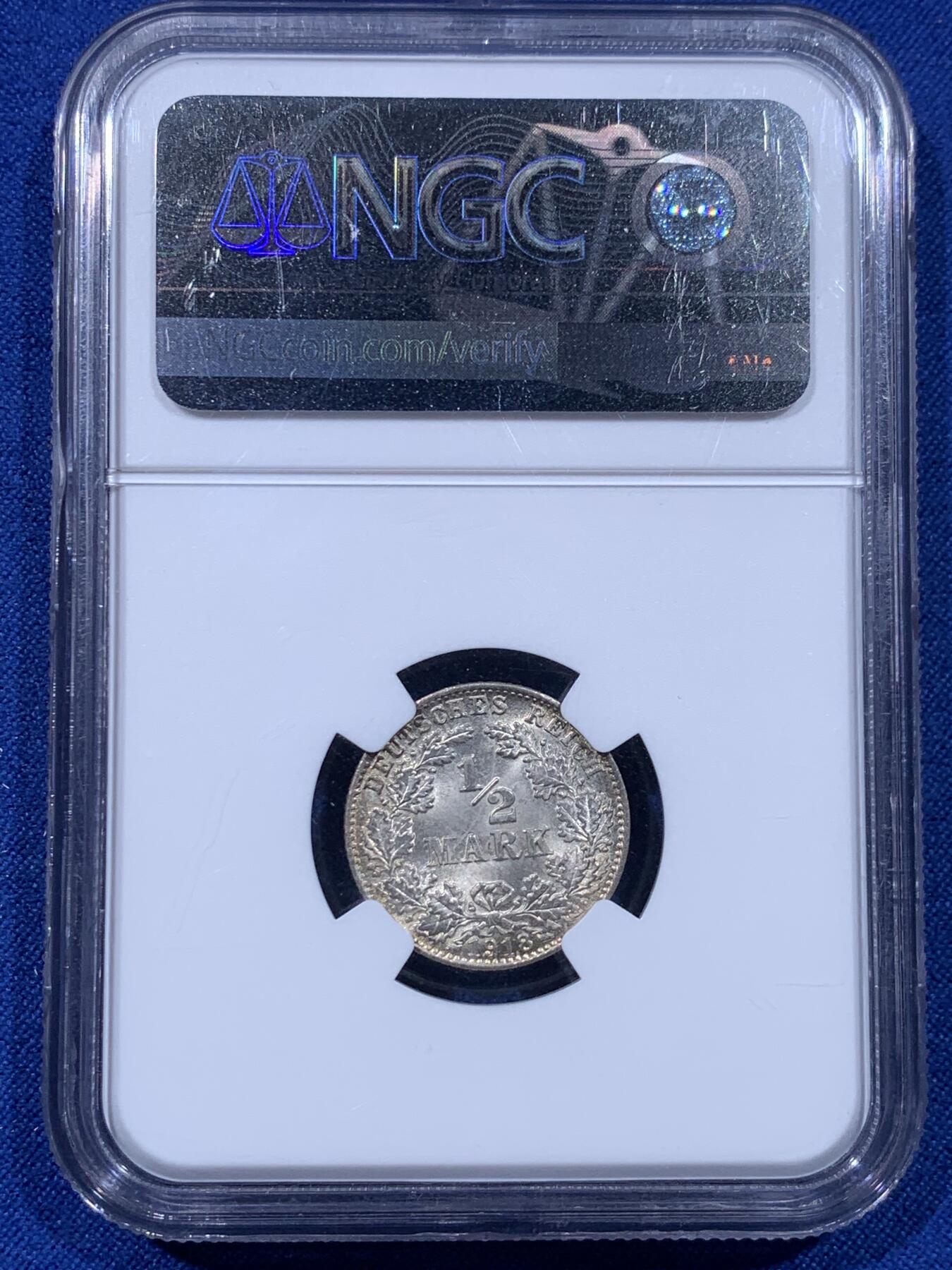 《竞宝斋》第435场 周日，周一2场连拍 （全场包邮） NGC MS67 德国1918年1/2马克银币 D厂铭，顶级品相，稀少标签，盒子四角有划痕