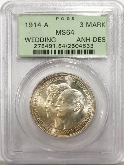 博洋堂“物美丰成”11月精品专场暨第145期（全场包邮） - PCGS MS64 德国安哈特德绍1914年银婚3马克纪念银币