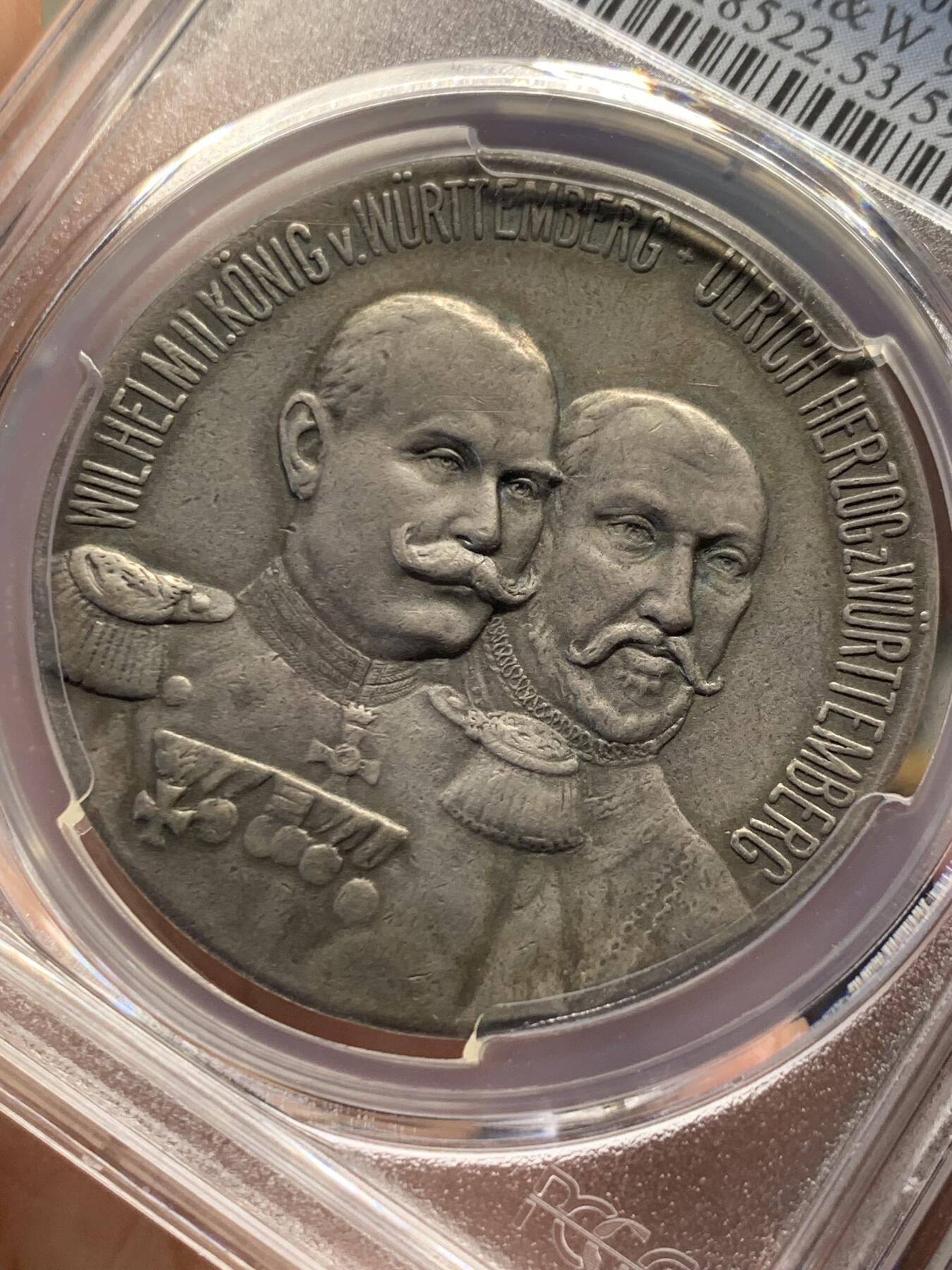《竞宝斋》第435场 周日，周一2场连拍 （全场包邮） PCGS AU53 德国 符腾堡 1901年 斯图加特步枪协会成立400周年纪念银章 正面为国王和符腾堡公爵头像 整体雕刻细腻 少见的品种