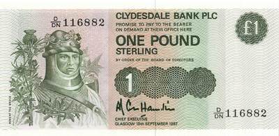 小福收藏拍卖第197期 裸钞场 本期有多张豹子号靓号 百慕大03年50元纪念钞百位号 马来亚和英属婆罗洲开国第一张纸币大冠女王 马来亚 41年1元英王乔六 法属太平洋10000法郎 捷克1000克朗纪念钞千位号  卢森堡 1000法郎  萨尔瓦多样钞 匈牙利 法罗群岛 危地马拉等多国精美纸币 - 苏格兰 克莱斯勒戴尔银行 1987年 1镑  无47 unc