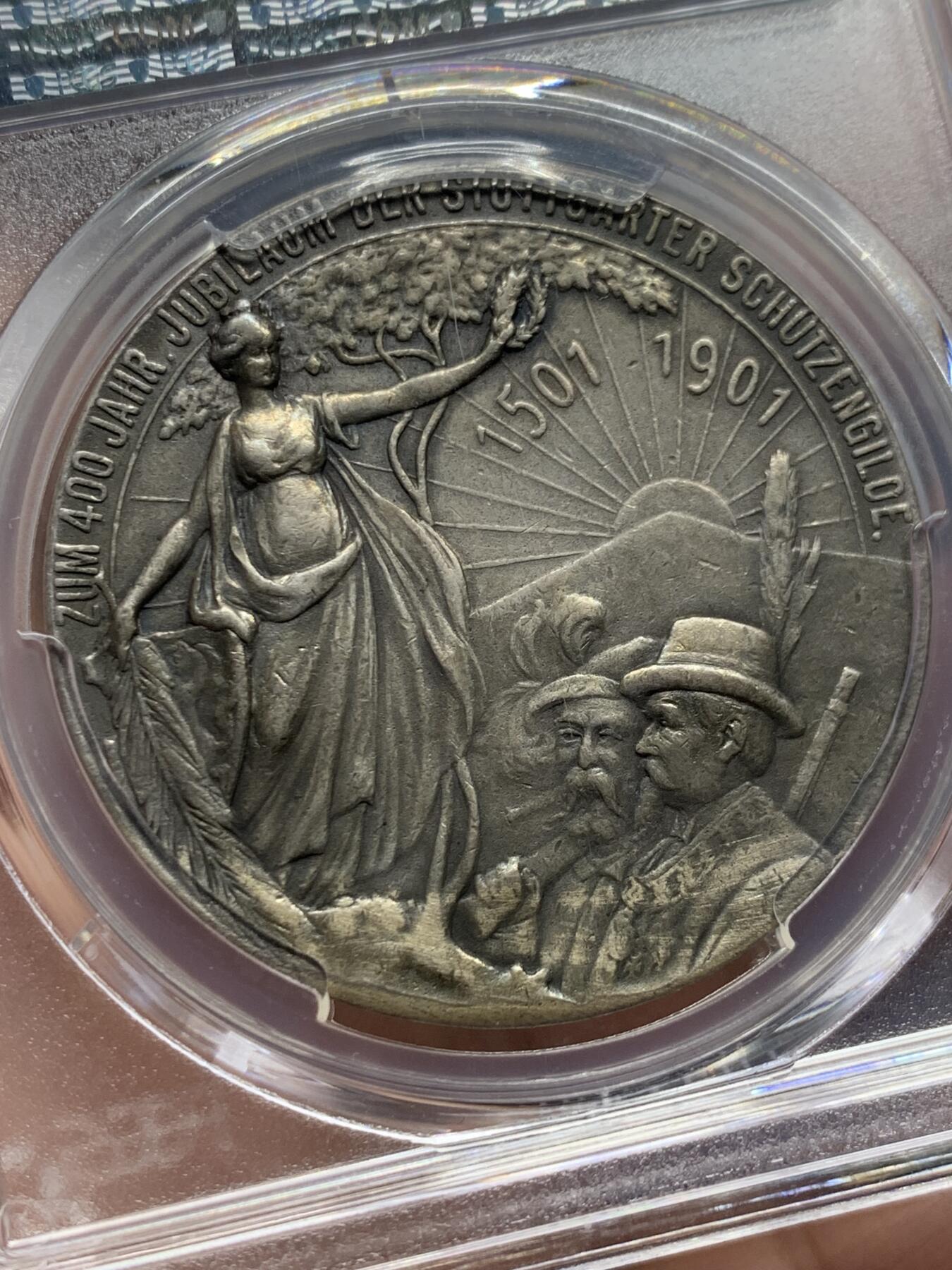 《竞宝斋》第435场 周日，周一2场连拍 （全场包邮） PCGS AU53 德国 符腾堡 1901年 斯图加特步枪协会成立400周年纪念银章 正面为国王和符腾堡公爵头像 整体雕刻细腻 少见的品种