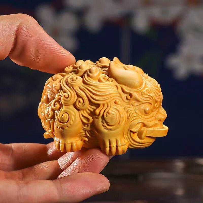 听雨轩（16）木雕 黄杨木双头貔貅手把件 6cm