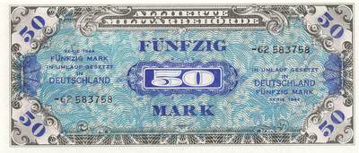 小福收藏拍卖第197期 裸钞场 本期有多张豹子号靓号 百慕大03年50元纪念钞百位号 马来亚和英属婆罗洲开国第一张纸币大冠女王 马来亚 41年1元英王乔六 法属太平洋10000法郎 捷克1000克朗纪念钞千位号  卢森堡 1000法郎  萨尔瓦多样钞 匈牙利 法罗群岛 危地马拉等多国精美纸币 - 德国 盟军占领 1944年 50马克 尾8 unc