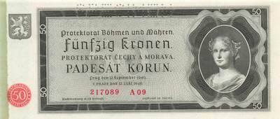 小福收藏拍卖第197期 裸钞场 本期有多张豹子号靓号 百慕大03年50元纪念钞百位号 马来亚和英属婆罗洲开国第一张纸币大冠女王 马来亚 41年1元英王乔六 法属太平洋10000法郎 捷克1000克朗纪念钞千位号  卢森堡 1000法郎  萨尔瓦多样钞 匈牙利 法罗群岛 危地马拉等多国精美纸币 - 波西米亚和摩拉维亚 1940年 50克朗 样钞 左边缘有油污 unc-