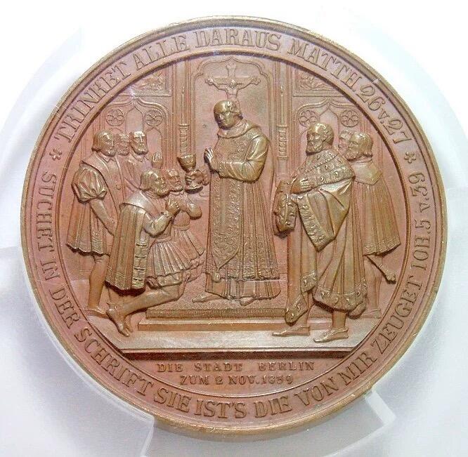 【旋风钱币】11月8日19:00准时开拍 精美欧洲币章、银币银章、第三帝国钱币等 全场包邮！ 【艺术】超大盒PCGS SP63 德国艺术大章1839年 普鲁士新教改革三百年高浮雕精制大铜章 样章