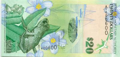 小福收藏拍卖第197期 裸钞场 本期有多张豹子号靓号 百慕大03年50元纪念钞百位号 马来亚和英属婆罗洲开国第一张纸币大冠女王 马来亚 41年1元英王乔六 法属太平洋10000法郎 捷克1000克朗纪念钞千位号  卢森堡 1000法郎  萨尔瓦多样钞 匈牙利 法罗群岛 危地马拉等多国精美纸币 - 百慕大 2009年 20元 A/1冠 重叠号600600 unc