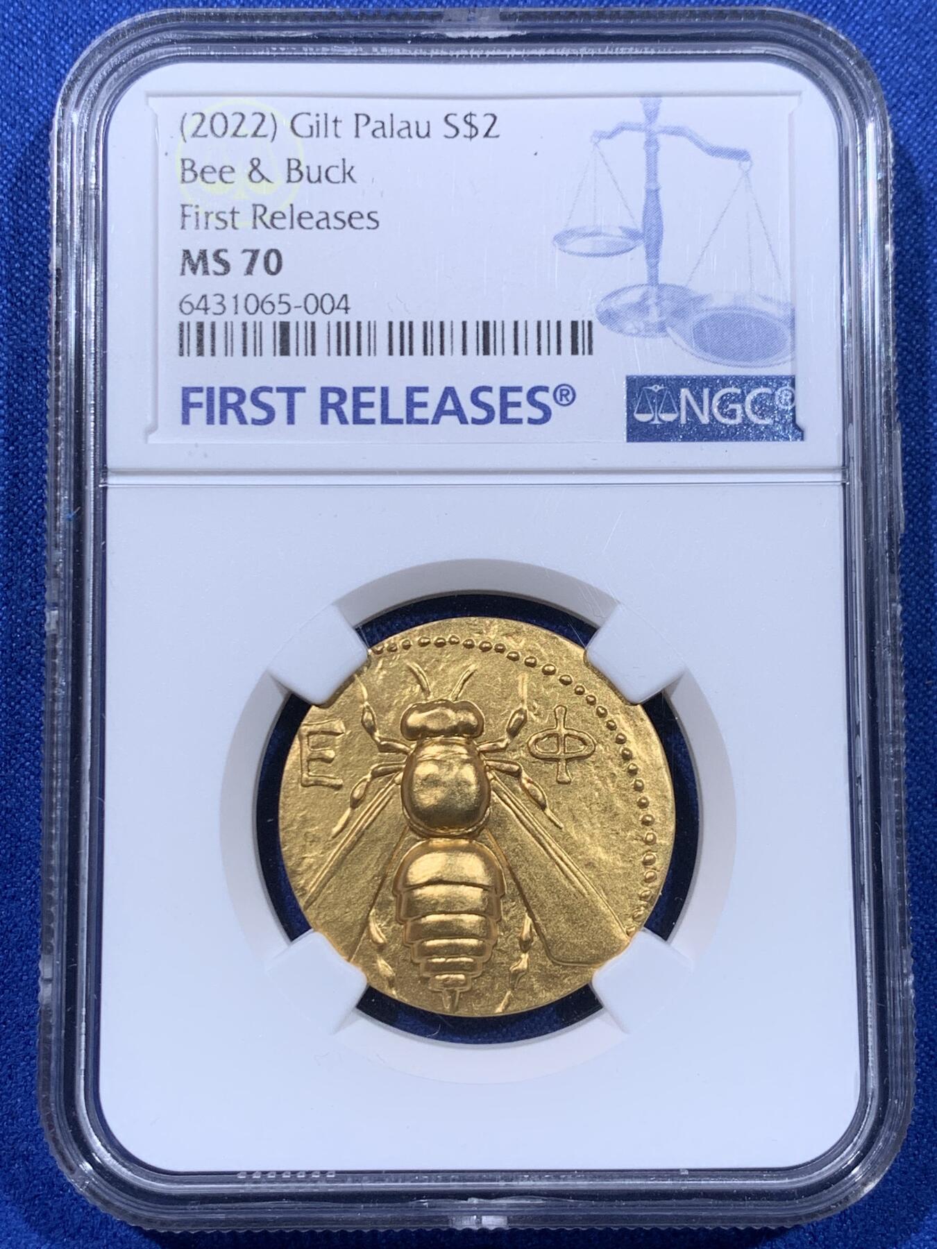 《竞宝斋》第435场 周日，周一2场连拍 （全场包邮） NGC MS70 帕劳蜜蜂-雄鹿镀金银币，寓意一路甜甜蜜蜜，复刻珍稀古币，采用智能造币技术，超高浮雕，实物精美，视觉冲击强，NGC首期蓝标，满分，带原盒原证书。