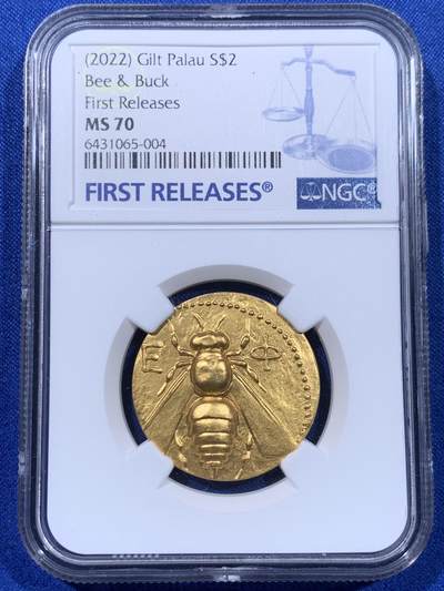 《竞宝斋》第435场 周日，周一2场连拍 （全场包邮） - NGC MS70 帕劳蜜蜂-雄鹿镀金银币，寓意一路甜甜蜜蜜，复刻珍稀古币，采用智能造币技术，超高浮雕，实物精美，视觉冲击强，NGC首期蓝标，满分，带原盒原证书。