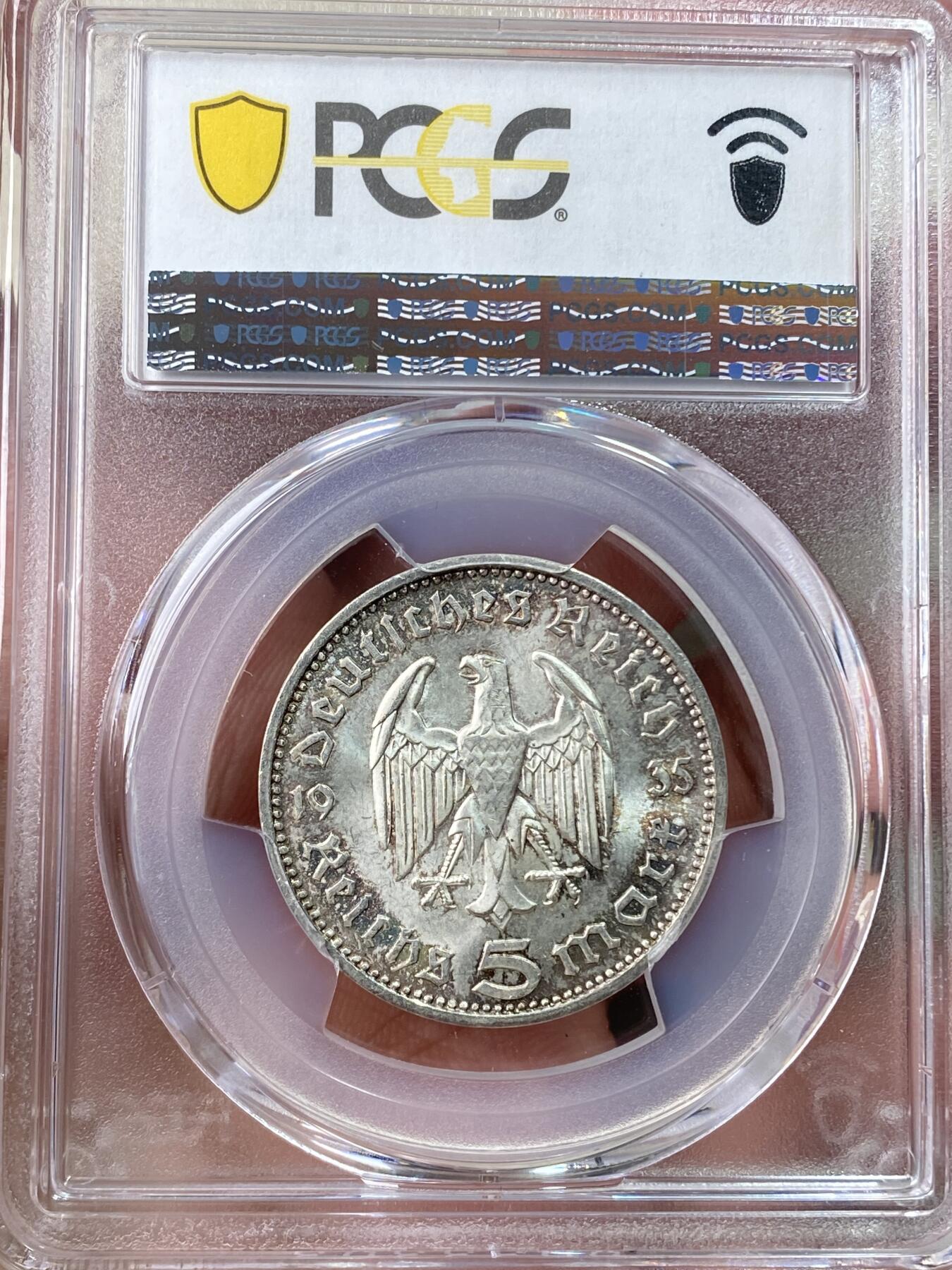 万国钱币拍卖第054期 PCGS MS63 1935德国兴登堡5马克银币 原味环彩转光好品