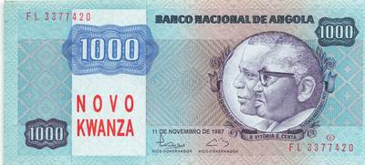 小福收藏拍卖第197期 裸钞场 本期有多张豹子号靓号 百慕大03年50元纪念钞百位号 马来亚和英属婆罗洲开国第一张纸币大冠女王 马来亚 41年1元英王乔六 法属太平洋10000法郎 捷克1000克朗纪念钞千位号  卢森堡 1000法郎  萨尔瓦多样钞 匈牙利 法罗群岛 危地马拉等多国精美纸币 - 安哥拉 1987年 1000 Novo Kwanza 宽扎 少见品种 p124 unc