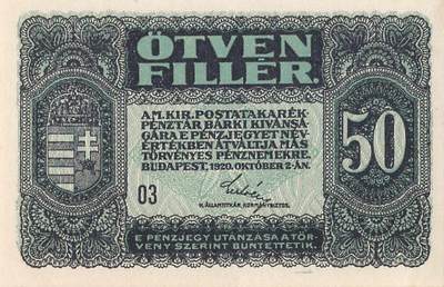 小福收藏拍卖第197期 裸钞场 本期有多张豹子号靓号 百慕大03年50元纪念钞百位号 马来亚和英属婆罗洲开国第一张纸币大冠女王 马来亚 41年1元英王乔六 法属太平洋10000法郎 捷克1000克朗纪念钞千位号  卢森堡 1000法郎  萨尔瓦多样钞 匈牙利 法罗群岛 危地马拉等多国精美纸币 - 匈牙利 1920年 50Fillér unc