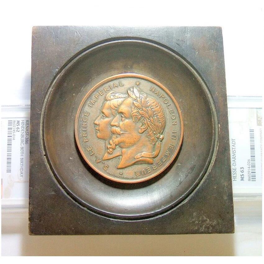 【旋风钱币】11月15日19:00准时开拍 精美欧洲币章、银币银章、第三帝国钱币等 全场包邮！ 【艺术】法国艺术大章 拿破仑三世和皇后 高浮雕精制超大铜章 60MM 带木框110MM 140克