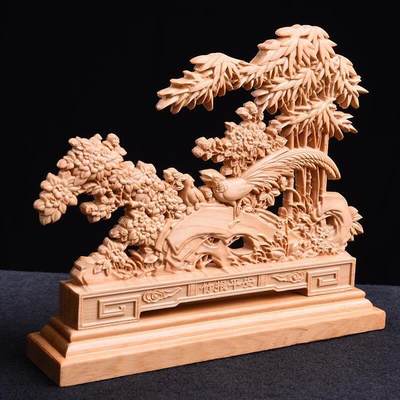 听雨轩（16）木雕 - 太行崖柏实木双面雕刻 竹报平安