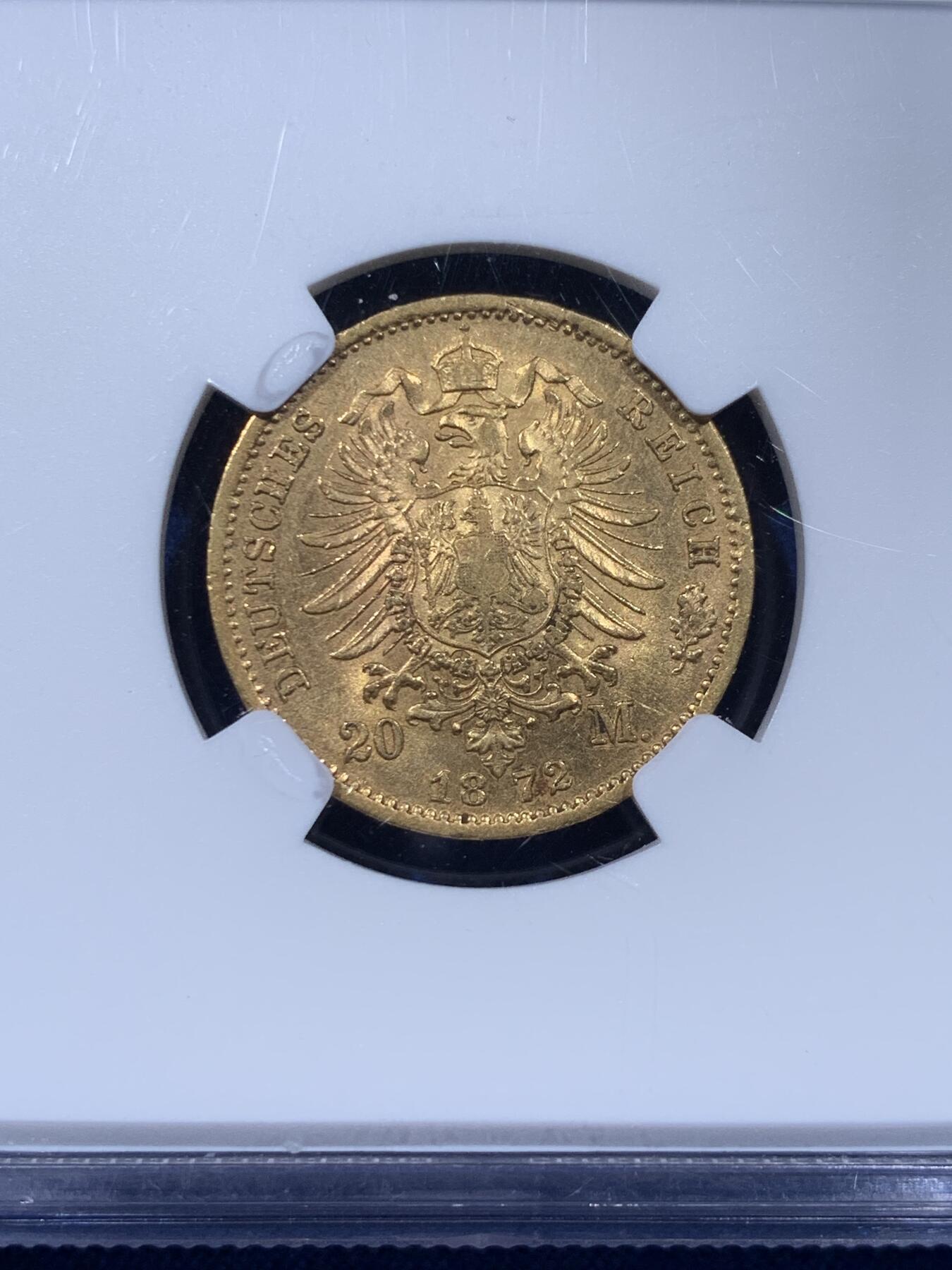 《竞宝斋》第435场 周日，周一2场连拍 （全场包邮） NGC AU58 德国萨克森1872年约翰一世 20马克金币 7.96克 900金 首年版。仅两年发行 稀少品种