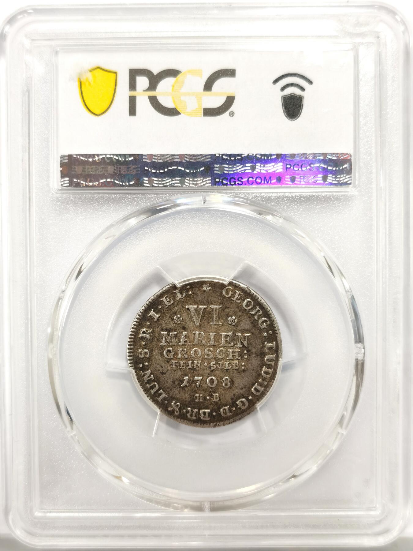 博洋堂“物美丰成”11月精品专场暨第145期（全场包邮） PCGS AU50 德国布伦瑞克-卡伦堡-汉诺威1708年6Mgr银币，唯一冠军分！盒子背面卡槽有磕损