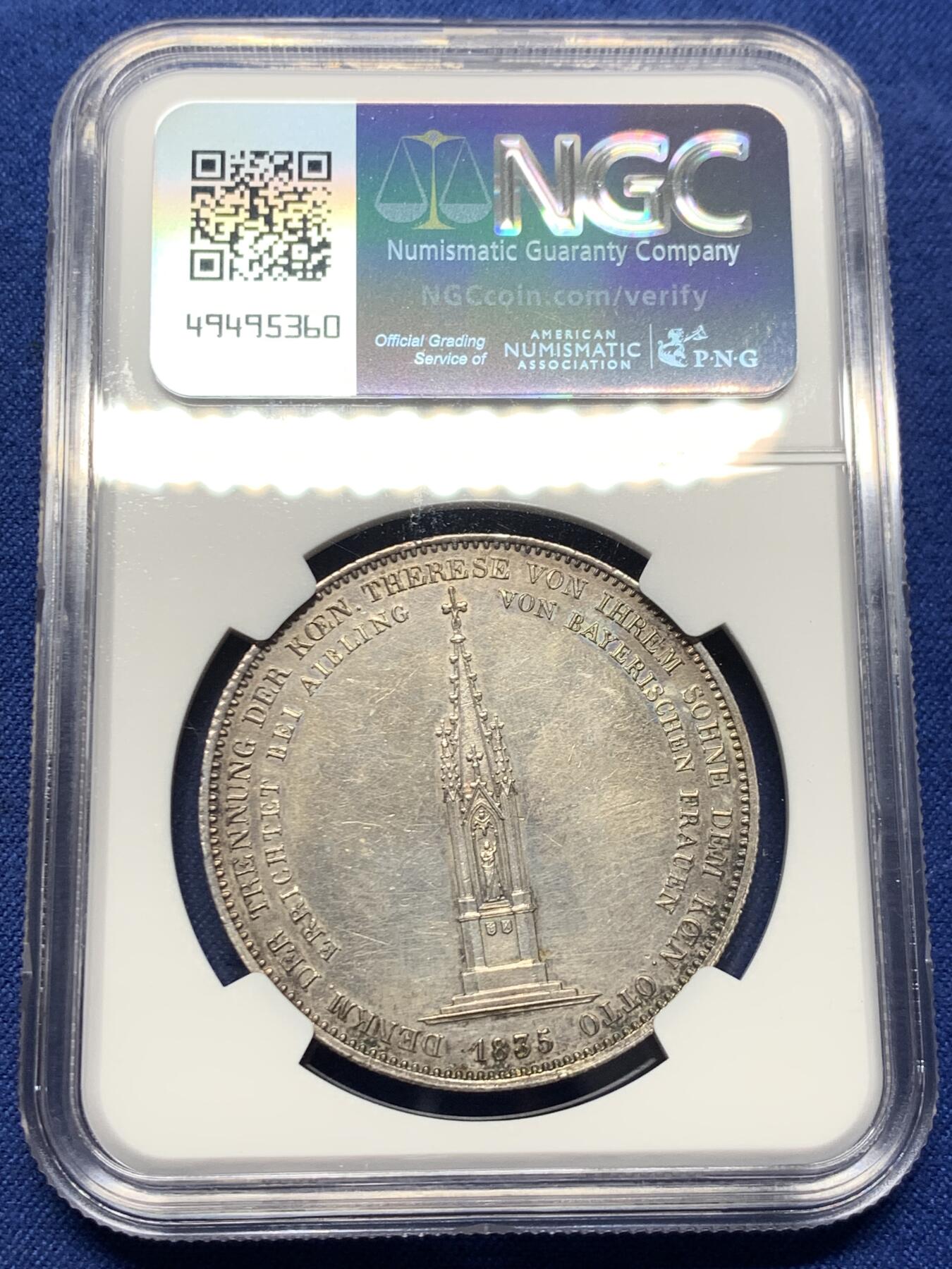 《竞宝斋》第435场 周日，周一2场连拍 （全场包邮） NGC UNC 德国 1835 巴伐利亚路德维希一世奥托纪念碑历史泰勒 为纪念奥托王子出任希腊国王所建纪念碑而发行 比较少见的历史系列 状态很不错，值得入手