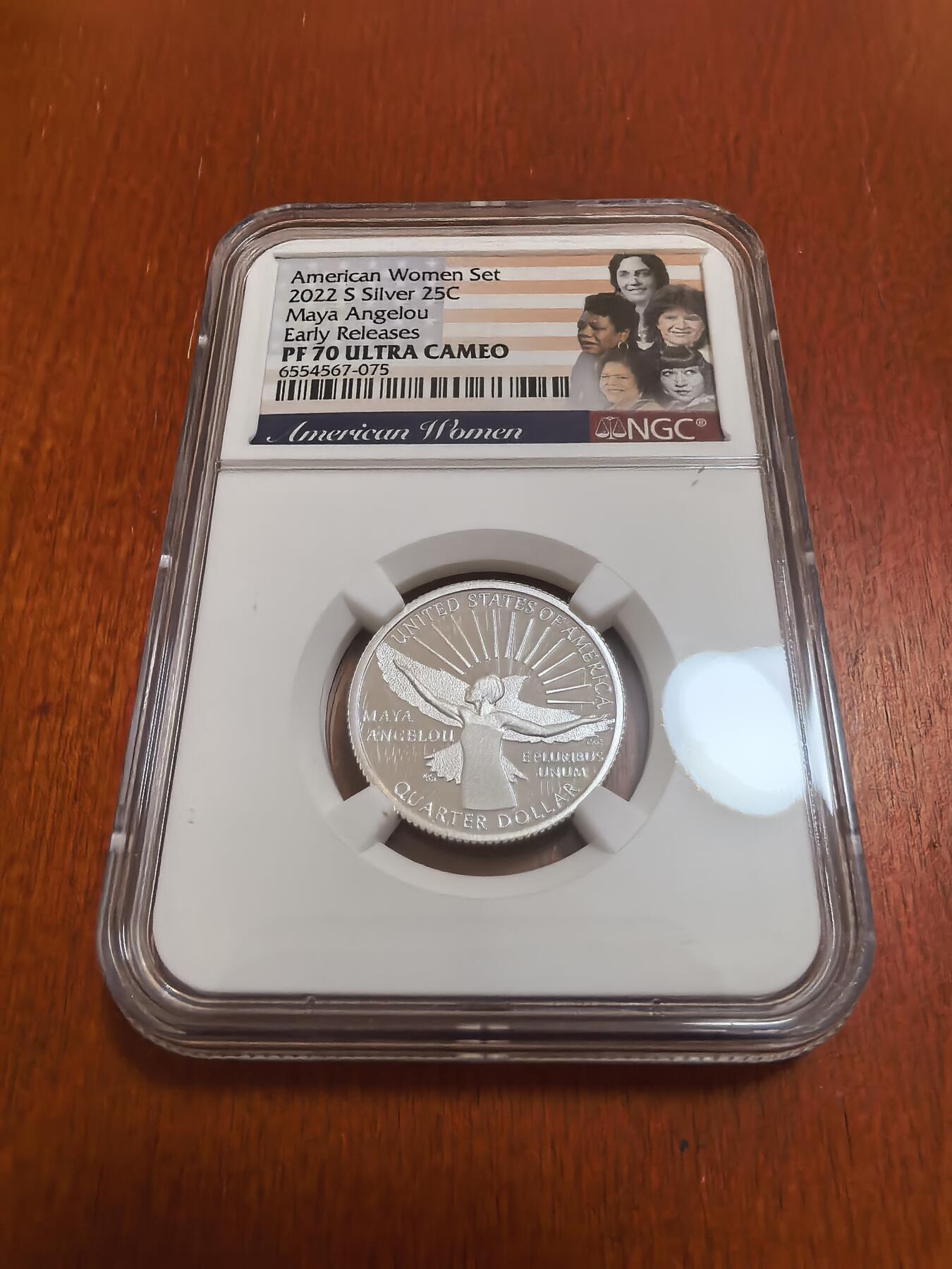 长老汇蛇年精选第七十场拍卖 2022 S 美国杰出女性——安琪罗25美分精制银币，NGC PF70UC，早期标