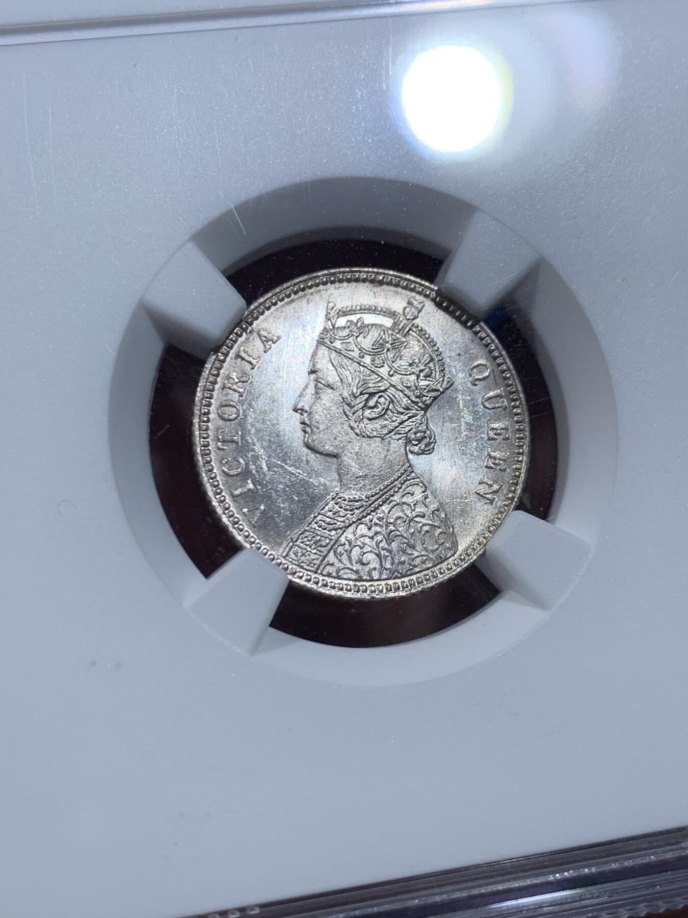 《竞宝斋》第435场 周日，周一2场连拍 （全场包邮） NGC MS62 英属印度1862年维多利亚女王1/4卢比银币  少见小面值卢比，车轮原光底板，观感极佳