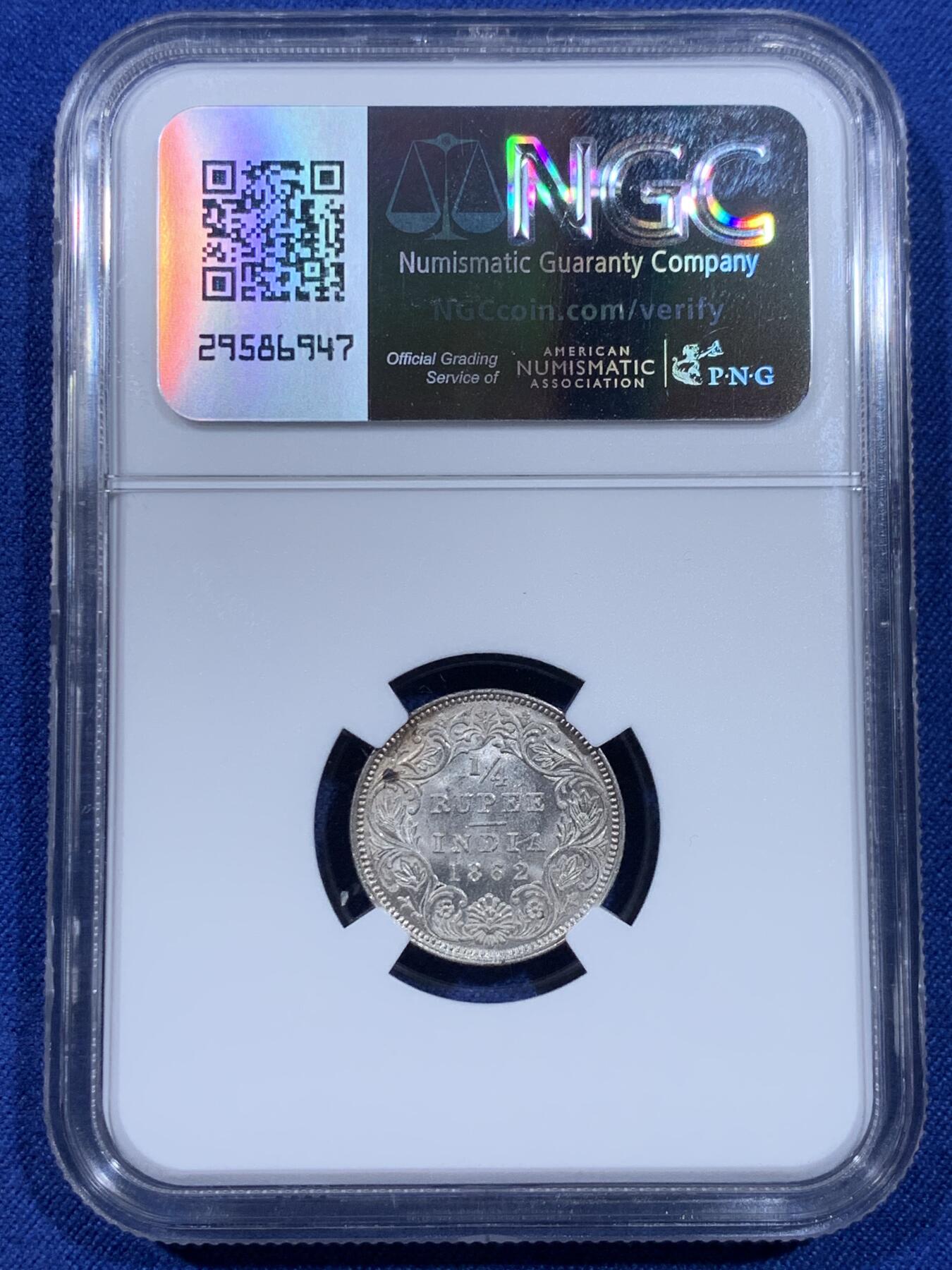 《竞宝斋》第435场 周日，周一2场连拍 （全场包邮） NGC MS62 英属印度1862年维多利亚女王1/4卢比银币  少见小面值卢比，车轮原光底板，观感极佳