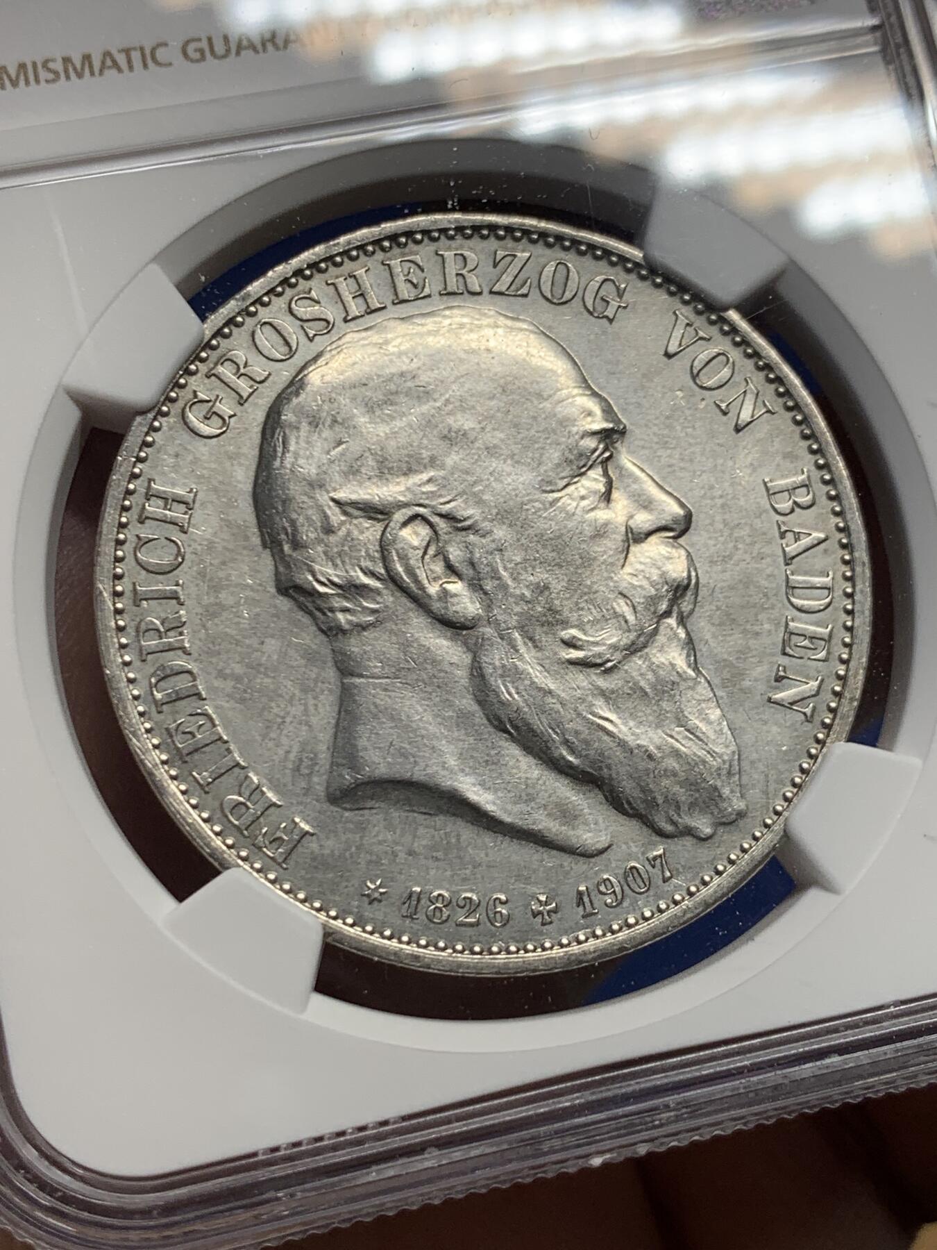 《竞宝斋》第435场 周日，周一2场连拍 （全场包邮） NGC UNCD 德国 巴登 1907年 佛里德里希逝世纪念 5马克银币 高点清晰 背板光不错