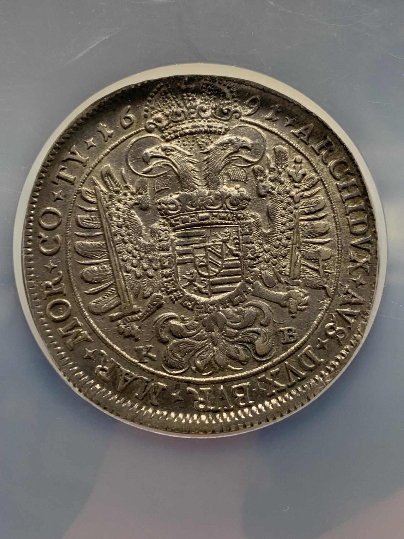 《竞宝斋》第435场 周日，周一2场连拍 （全场包邮） NGC AU58 神圣罗马帝国 1691 稀少匈牙利版 利奥博德一世大泰勒 超常规尺寸大盒封装 大波浪经典品种