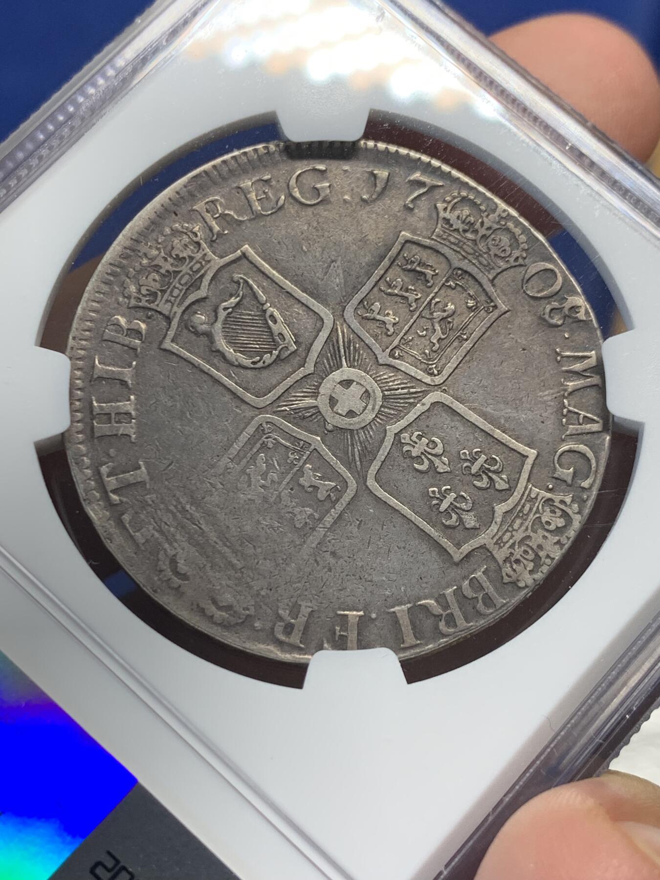 《竞宝斋》第435场 周日，周一2场连拍 （全场包邮） NGC VFD 英国 1708/7 稀少骑字E版安妮一克朗大银币 稀缺品种