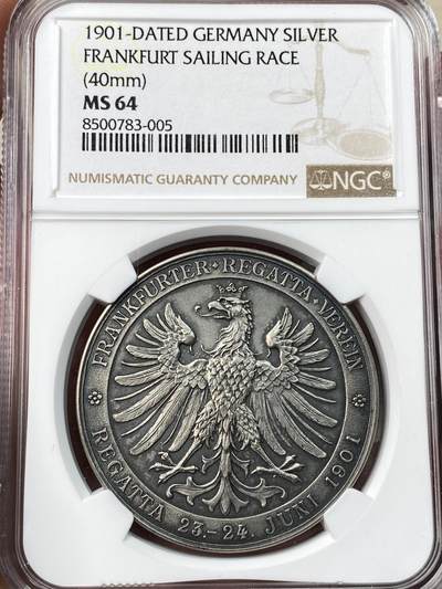 万国钱币拍卖第054期 - NGC MS64 1901年德国法兰克福帆船大赛纪念大银章 罕见珍稀法兰城景观配法兰鹰大银章 原盒天鹅绒彩极致美丽 高点锋芒毕现顶级收藏品质