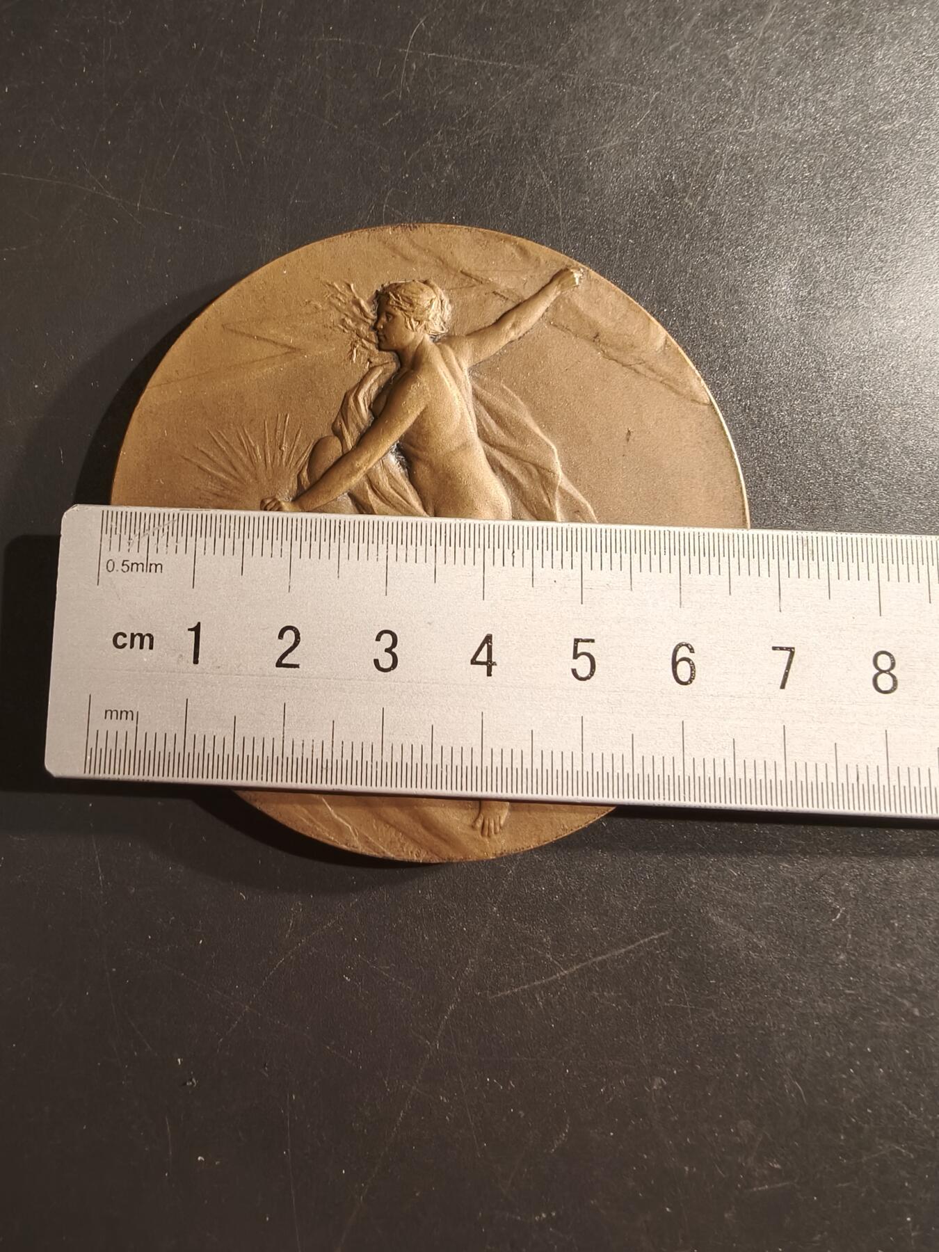 老王徽章第161期 法国电力建设公司大铜章     原盒    大师皮列作品     直径68mm.    重量137.5g