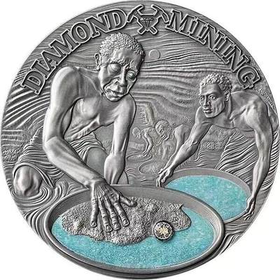 第180期拍卖【长期征集拍品】【北京币展专场】 - 喀麦隆2021，地球宝藏(2)-钻石开采，50克加大(直径达50mm),高浮雕仿古、镶嵌宝石、UV光感亮光彩色银币. 盒证全. 新热门系列，漂亮. (国外售价308欧元)