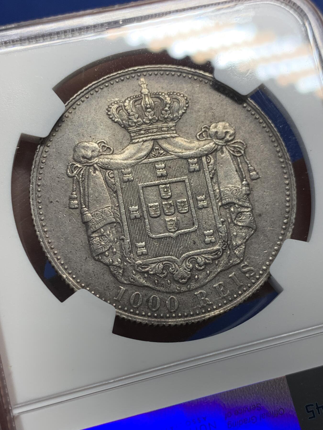 《竞宝斋》第435场 周日，周一2场连拍 （全场包邮） NGC AU50 葡萄牙 1899年 卡洛斯一世 1000瑞斯大银币 背面大窗帘设计精美