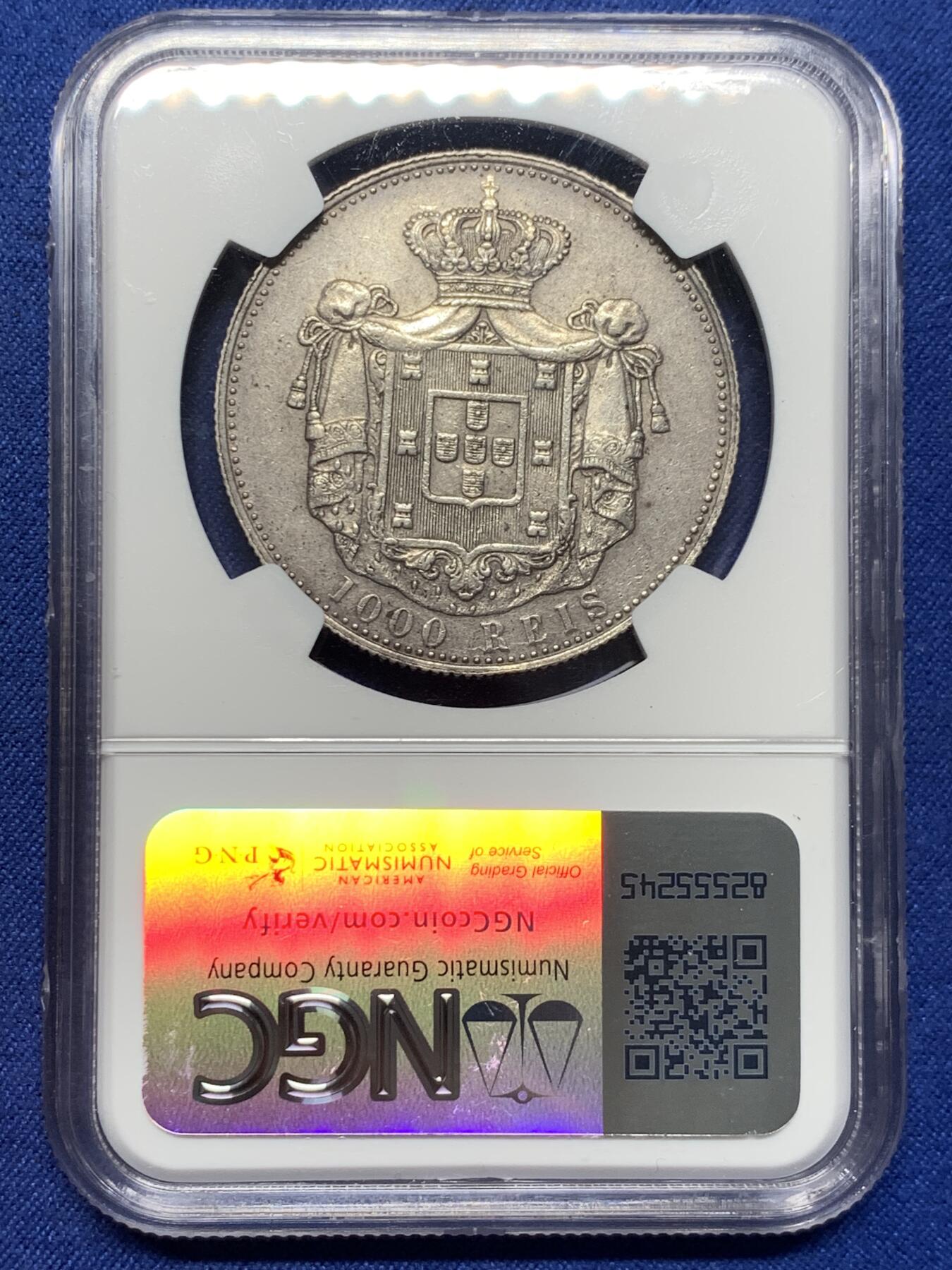 《竞宝斋》第435场 周日，周一2场连拍 （全场包邮） NGC AU50 葡萄牙 1899年 卡洛斯一世 1000瑞斯大银币 背面大窗帘设计精美