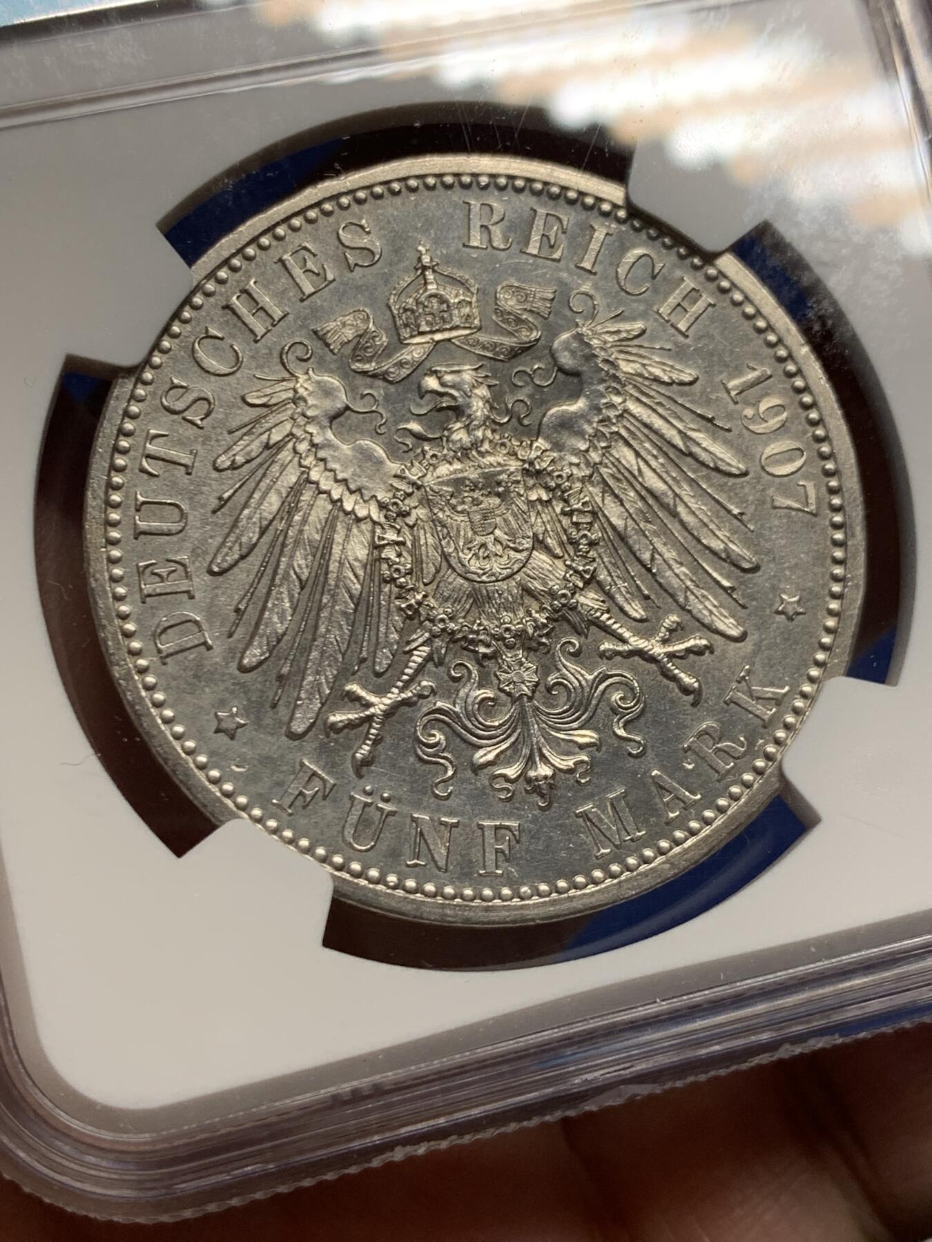 《竞宝斋》第435场 周日，周一2场连拍 （全场包邮） NGC UNCD 德国 巴登 1907年 佛里德里希逝世纪念 5马克银币 高点清晰 背板光不错