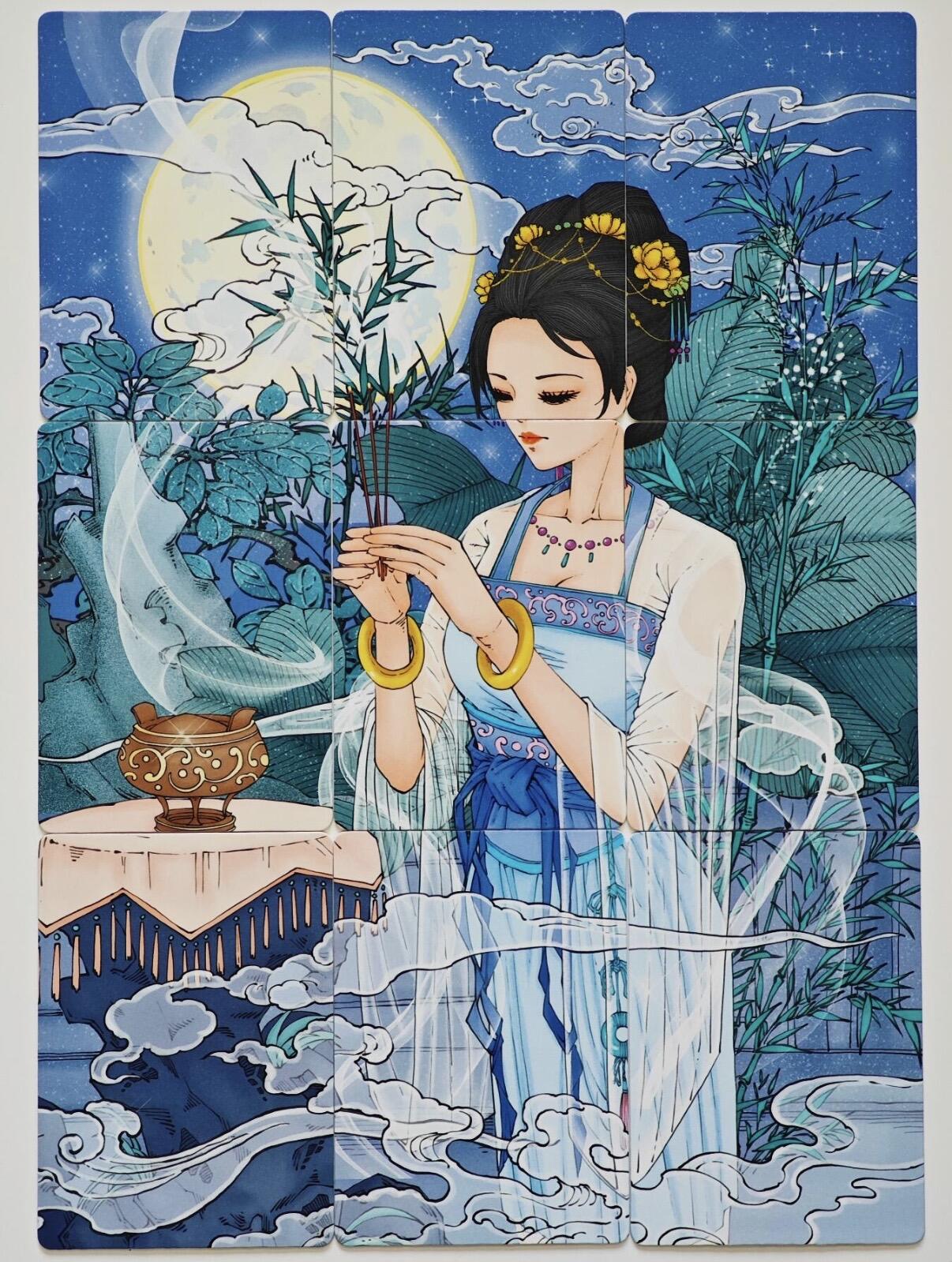 白泽拍卖卡牌手绘专场第27期 2023 燎原文化&中福卡博会 童子拜观音 129/888 粗闪 CCG评级 9.5分 特标& 2025 小花瓣艺术文创 貂蝉拜月 9宫拼图卡1套  普卡